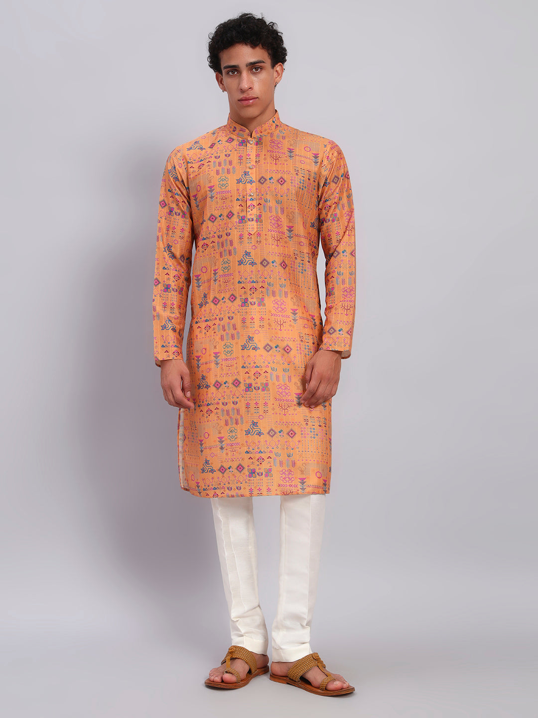 Men Mustard Yellow Printed Kurta Trouser Set