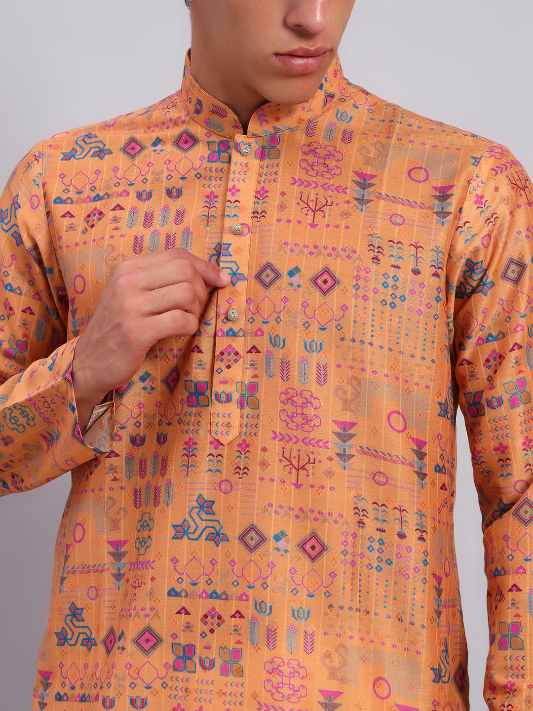 Men Mustard Yellow Printed Kurta Trouser Set