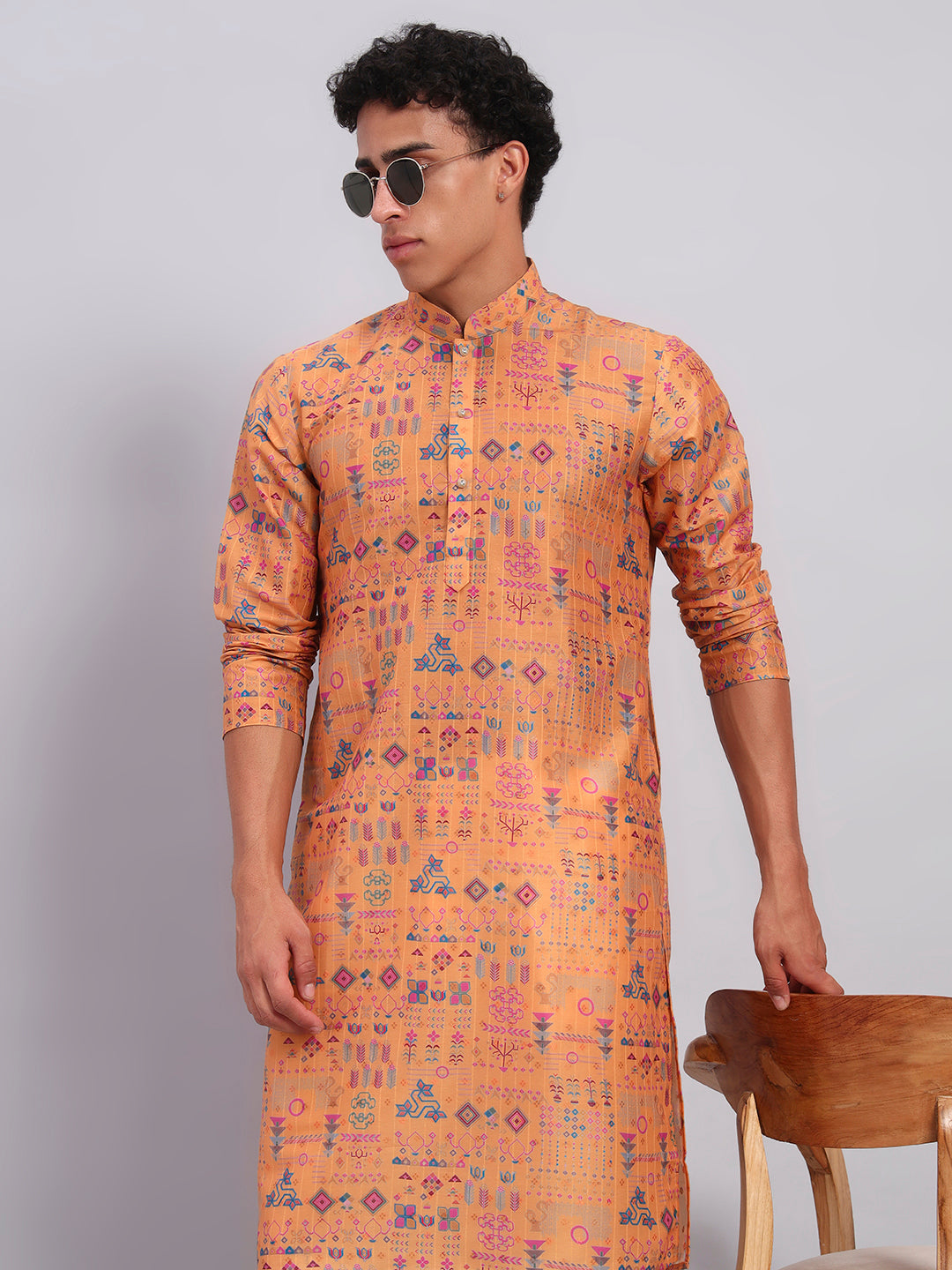 Men Mustard Yellow Printed Kurta Trouser Set