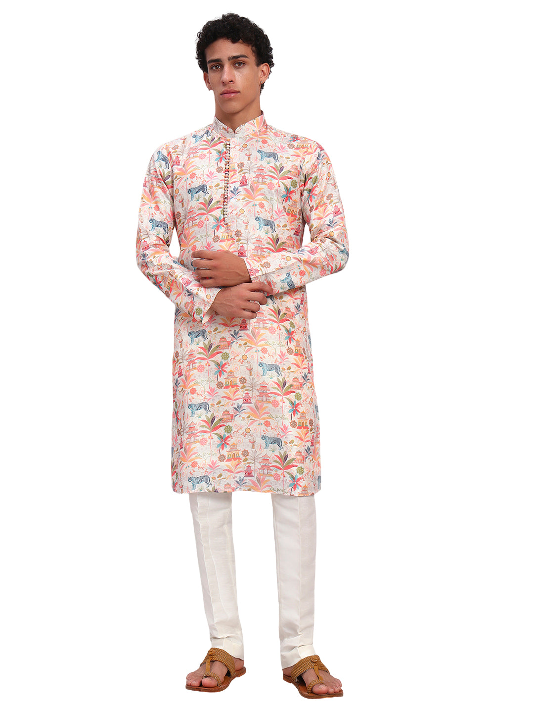 Raw Silk Figure Print Potli Button Kurta Trouser Set