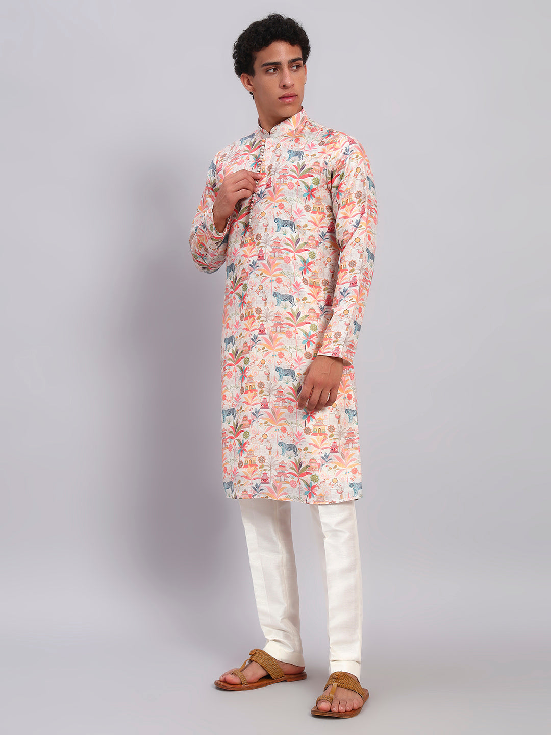Raw Silk Figure Print Potli Button Kurta Trouser Set