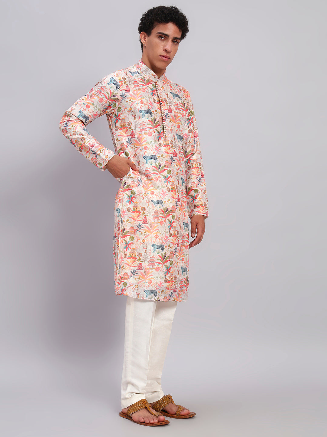Raw Silk Figure Print Potli Button Kurta Trouser Set