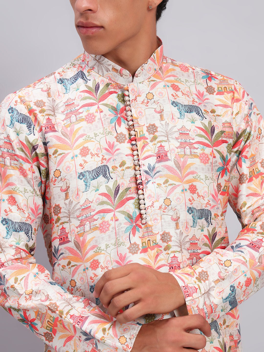 Raw Silk Figure Print Potli Button Kurta Trouser Set