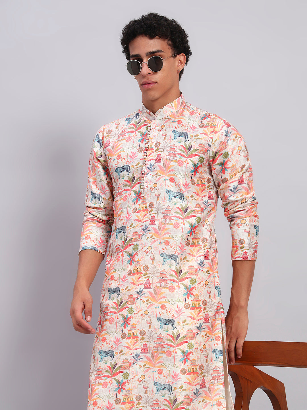 Raw Silk Figure Print Potli Button Kurta Trouser Set