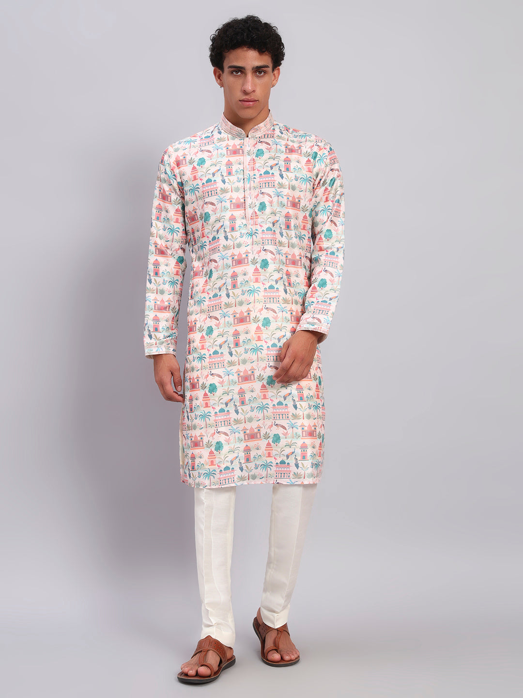 Off White Figure Print Kurta Trouser Set