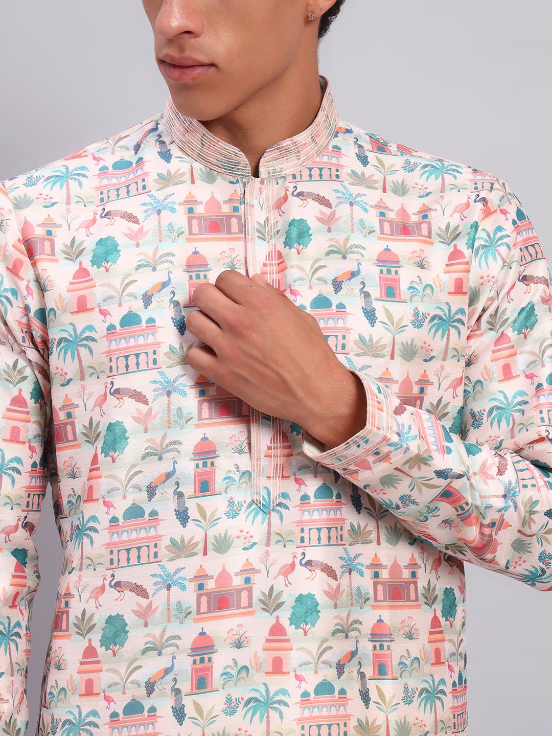 Off White Figure Print Kurta Trouser Set