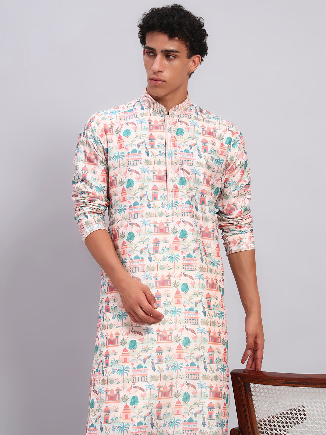 Off White Figure Print Kurta Trouser Set