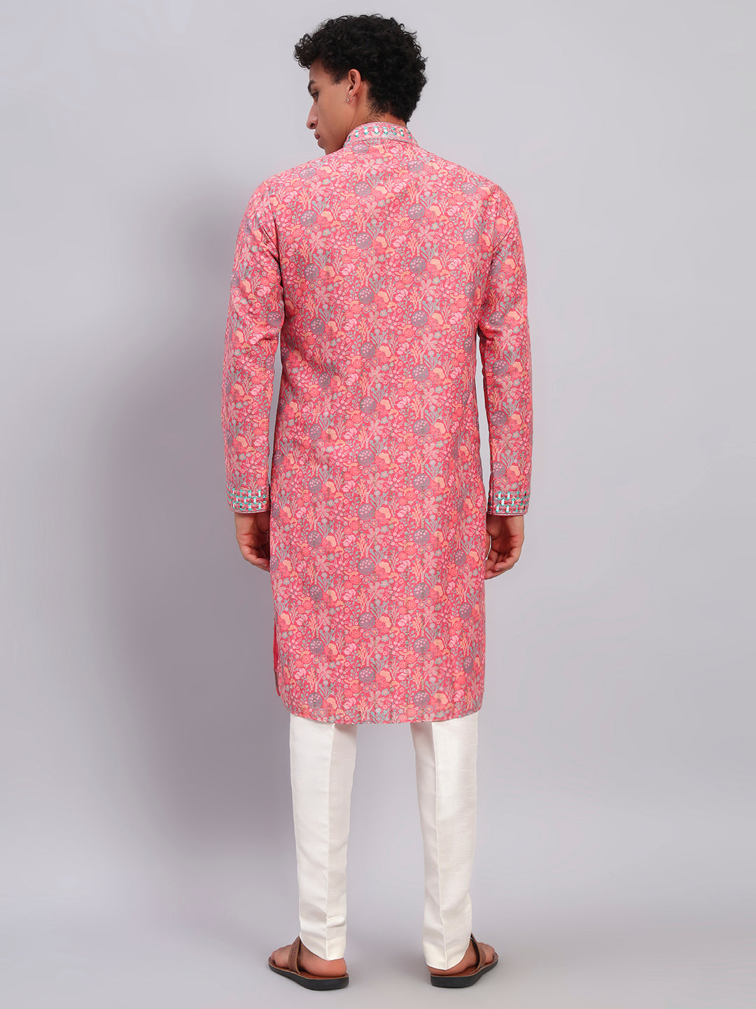 Men Pink Printed With Mirror Work Kurta Trouser Set