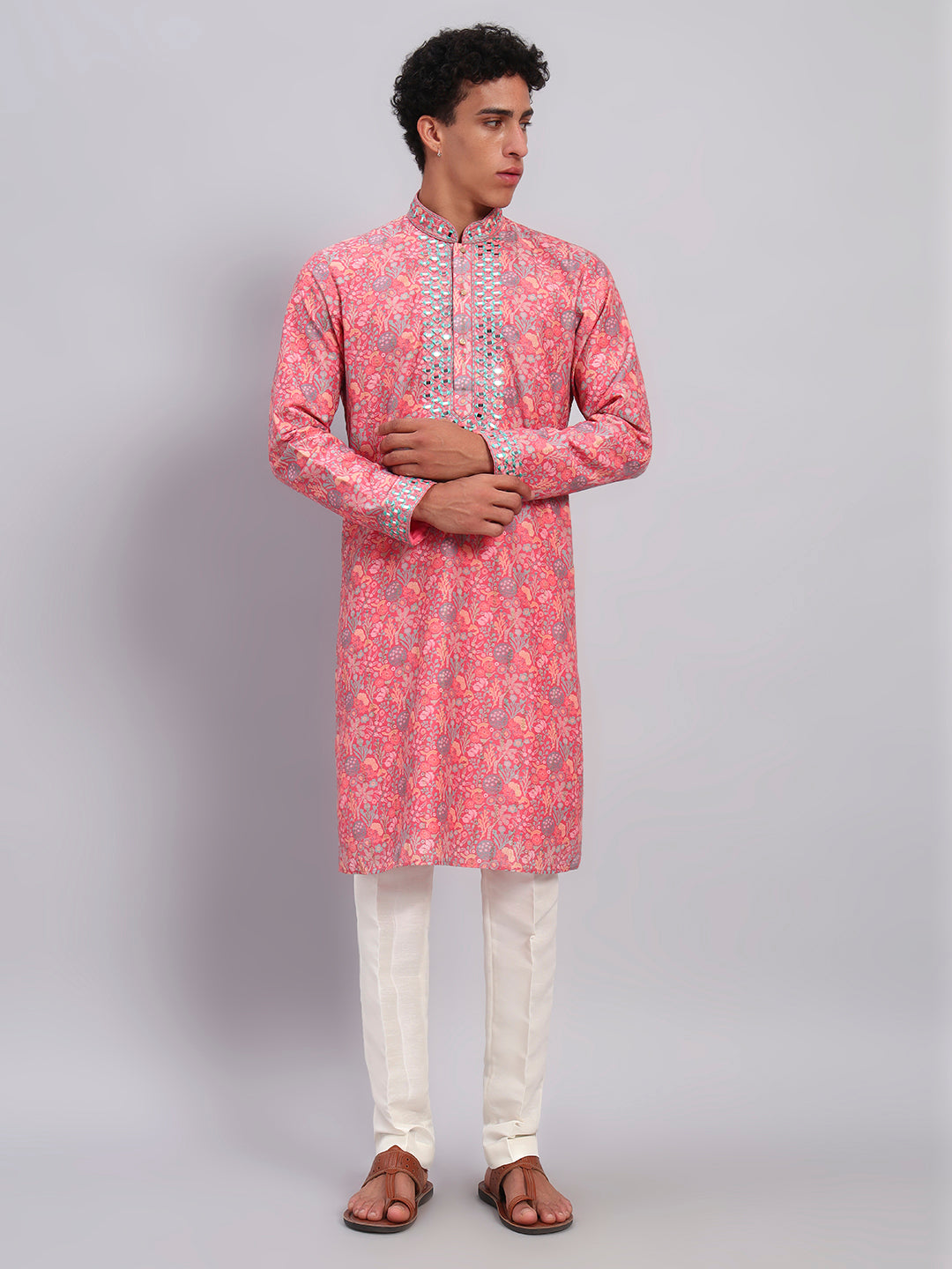 Men Pink Printed With Mirror Work Kurta Trouser Set
