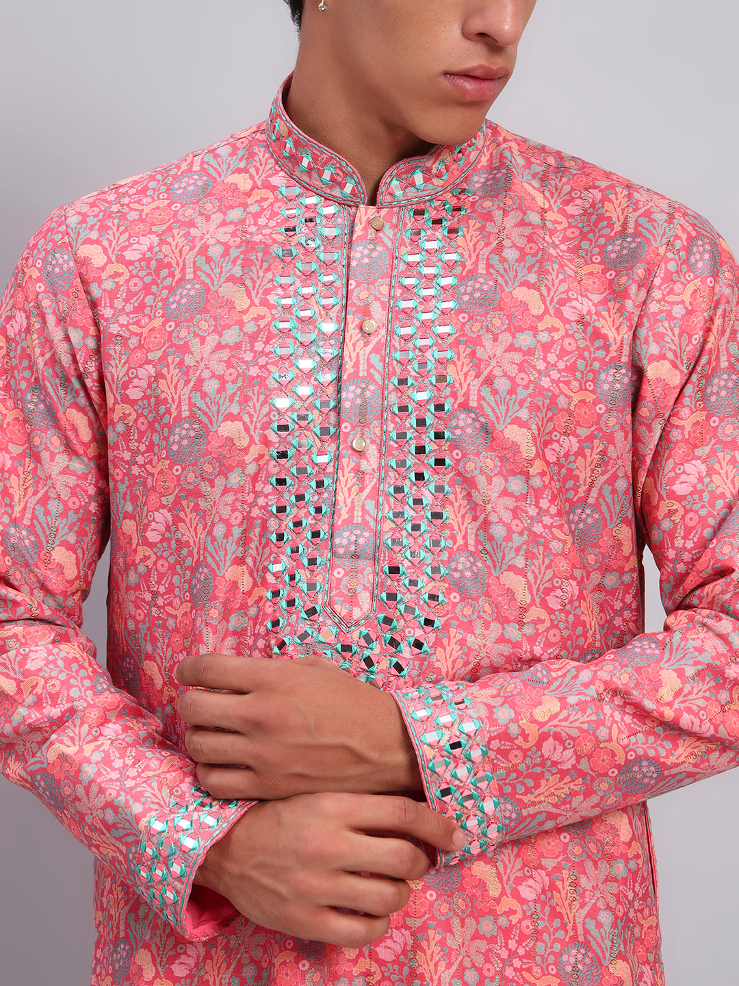 Men Pink Printed With Mirror Work Kurta Trouser Set