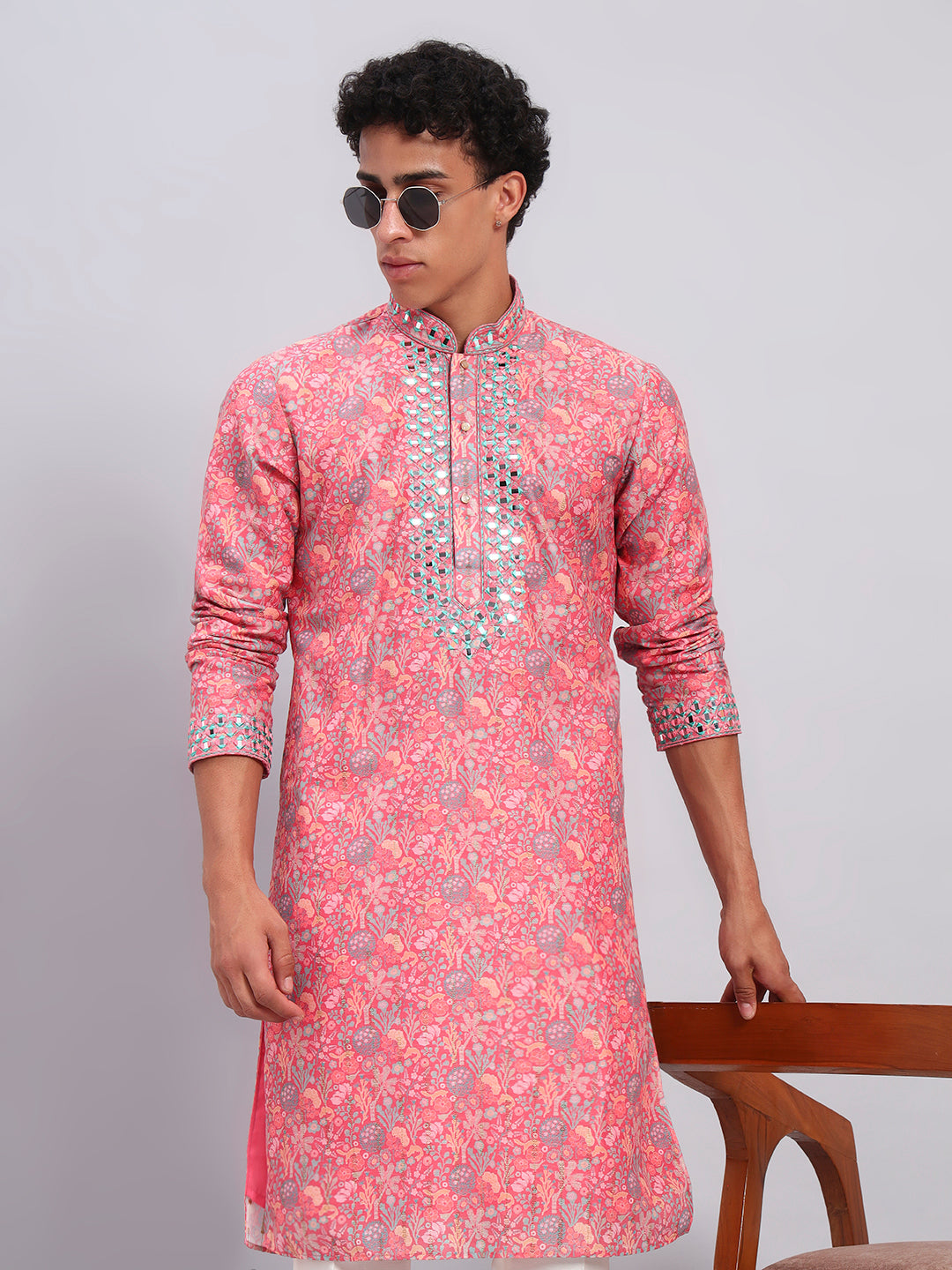 Men Pink Printed With Mirror Work Kurta Trouser Set