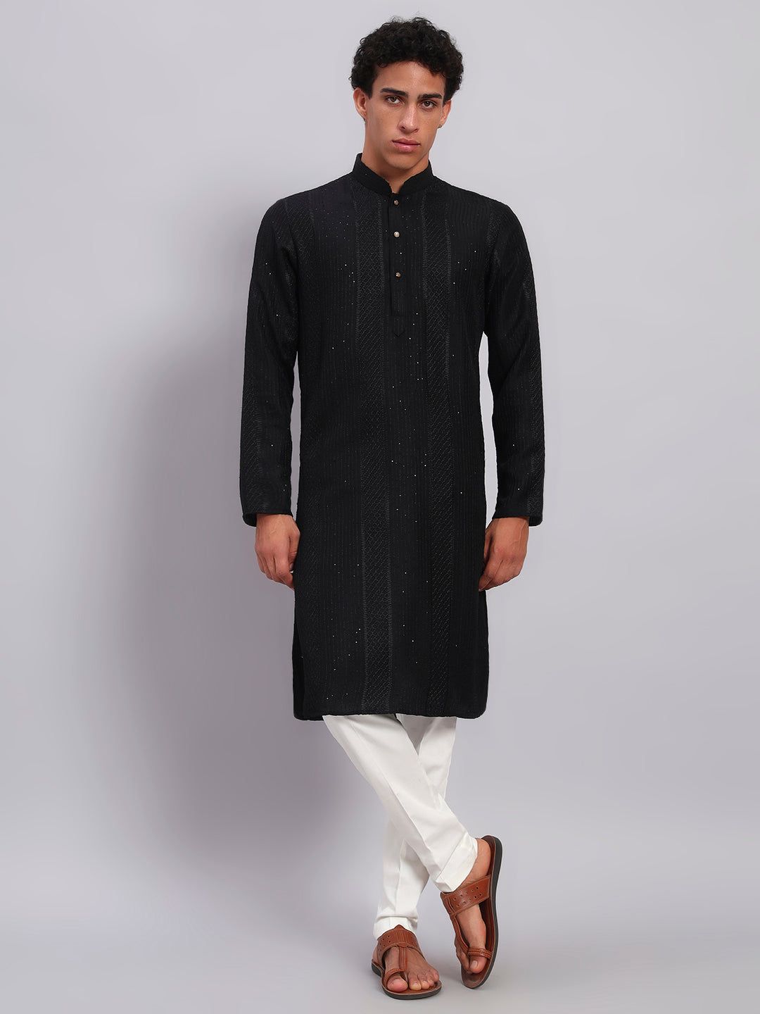 Men Black Sequinze Kurta Only