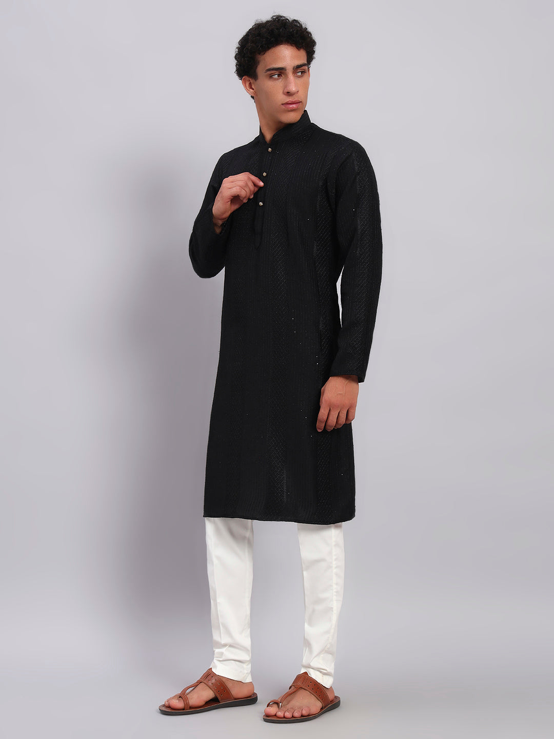 Men Black Sequinze Kurta Only