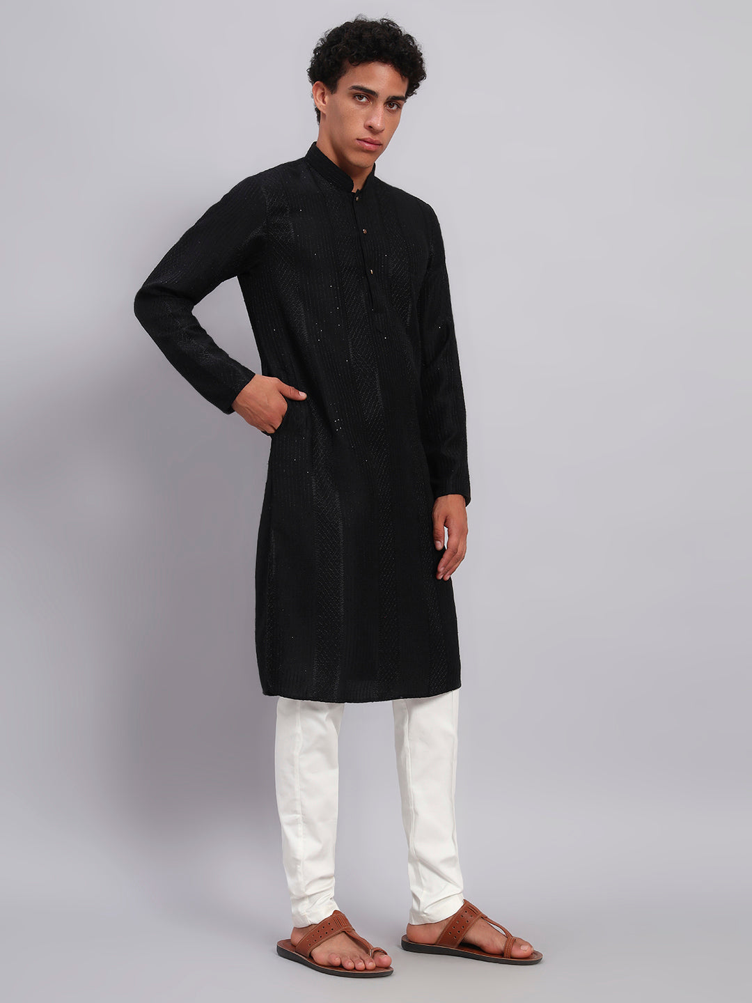 Men Black Sequinze Kurta Only