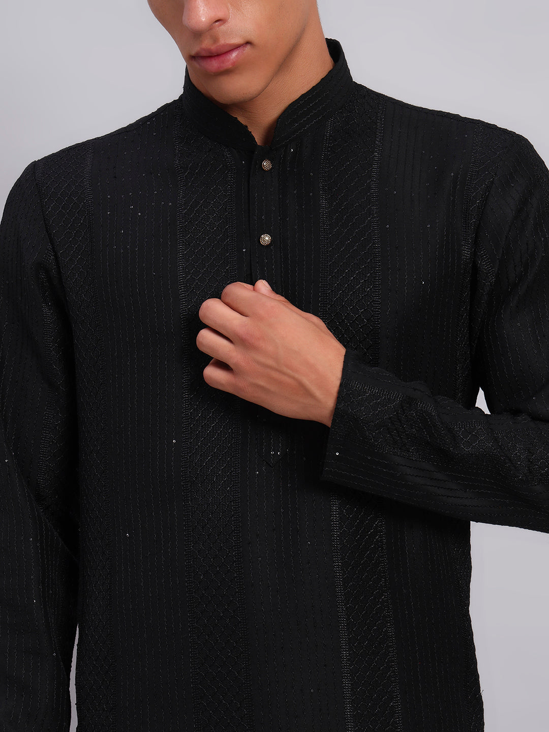 Men Black Sequinze Kurta Only