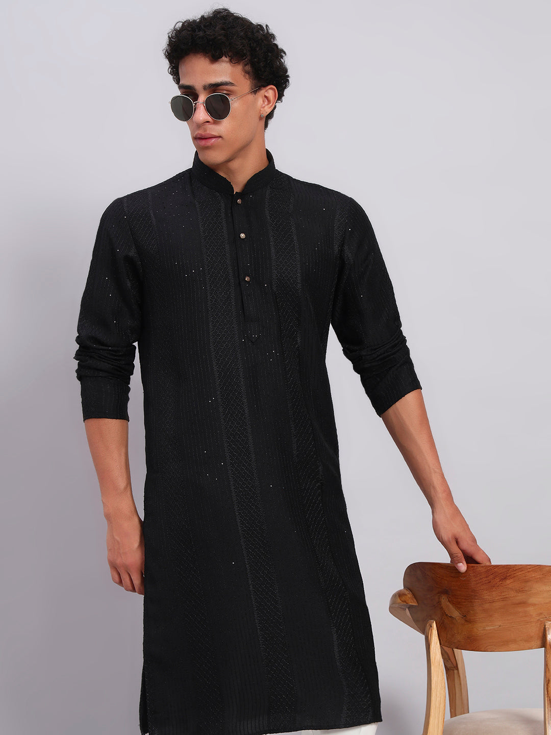 Men Black Sequinze Kurta Only