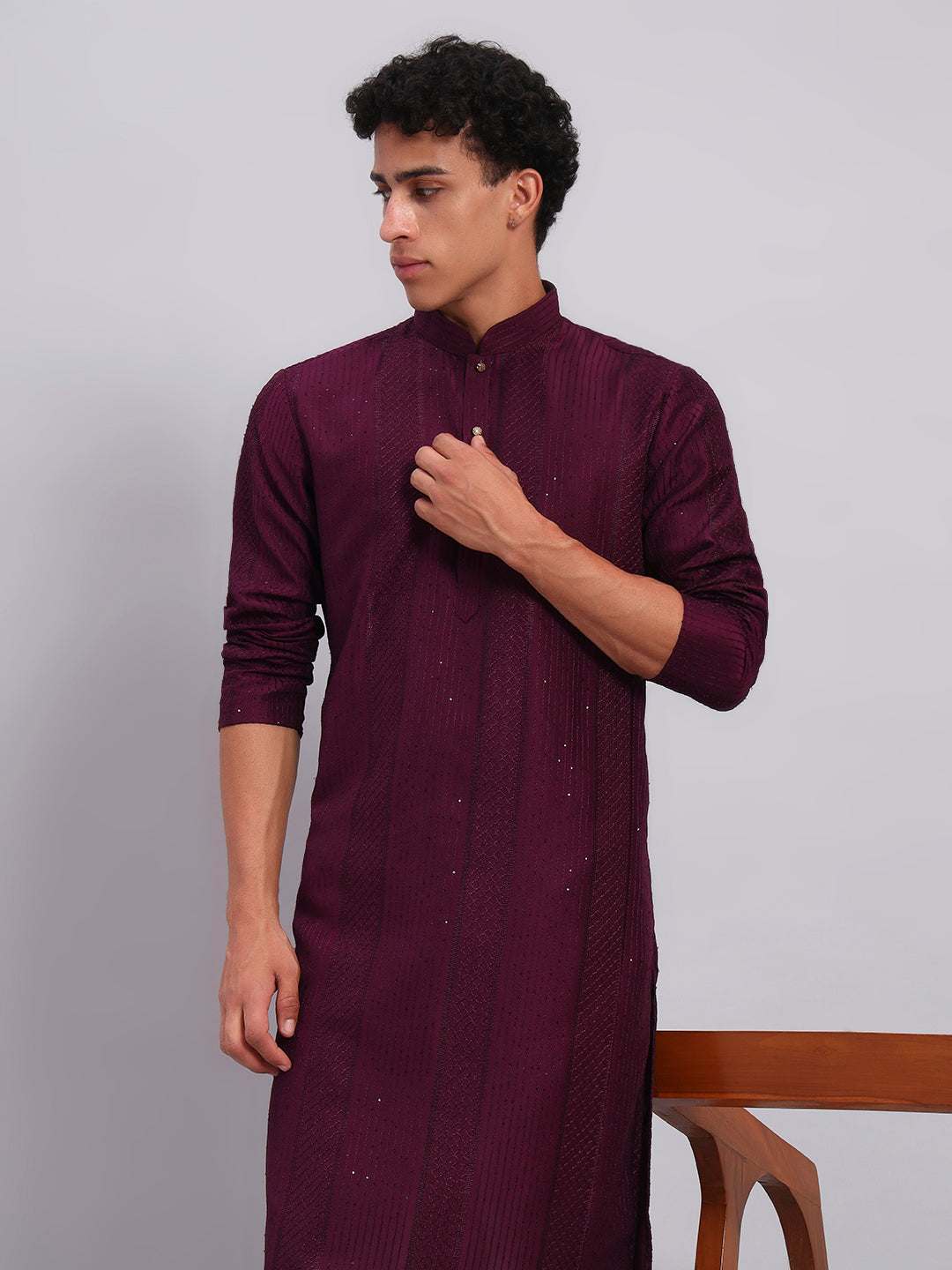 Men Wine Sequinze Kurta Only