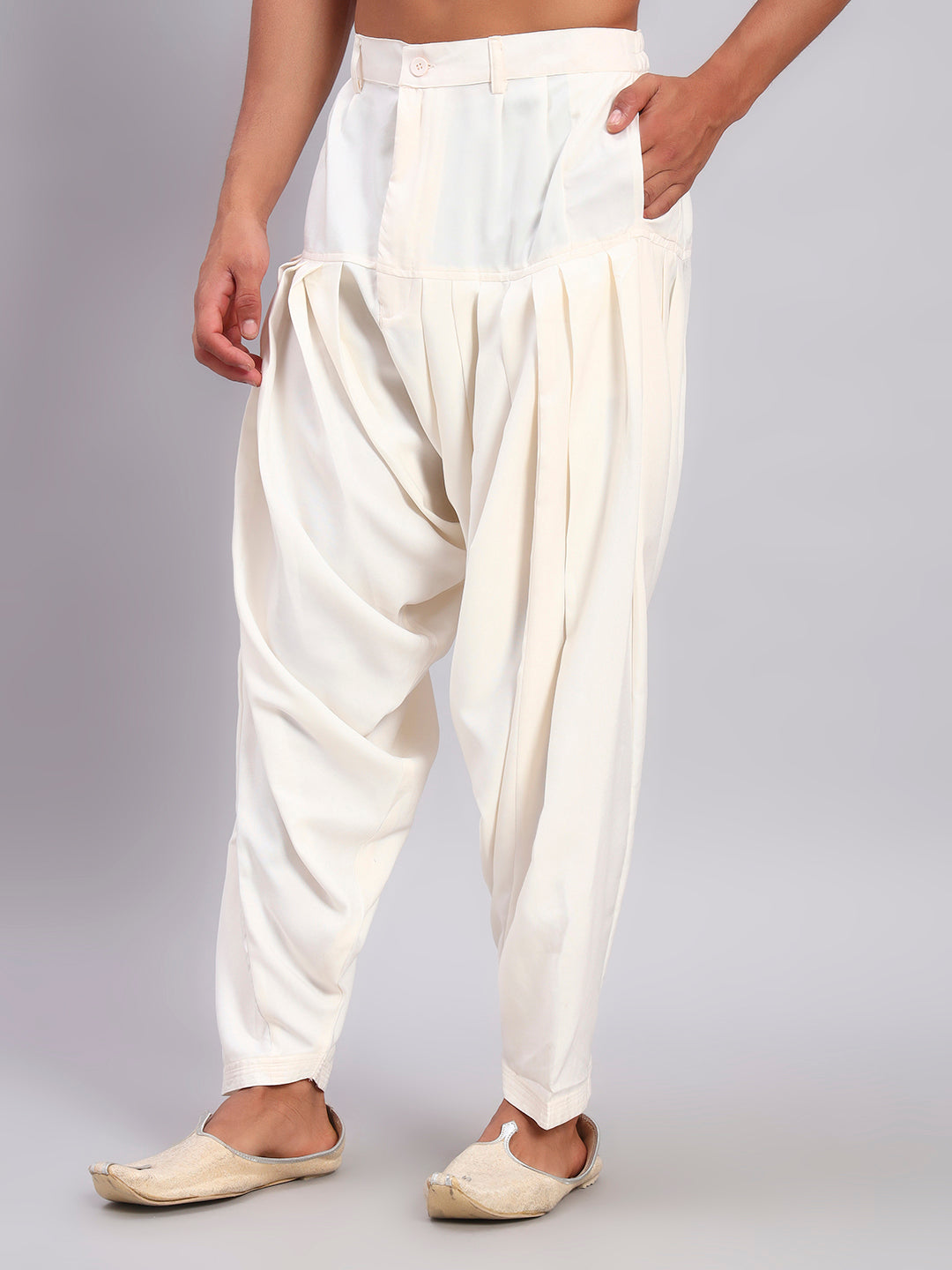 Men Off White Lucknowi Front Open Kurta With Patiala Set