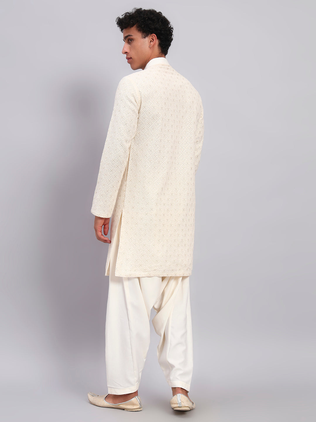 Men Off White Lucknowi Front Open Kurta With Patiala Set