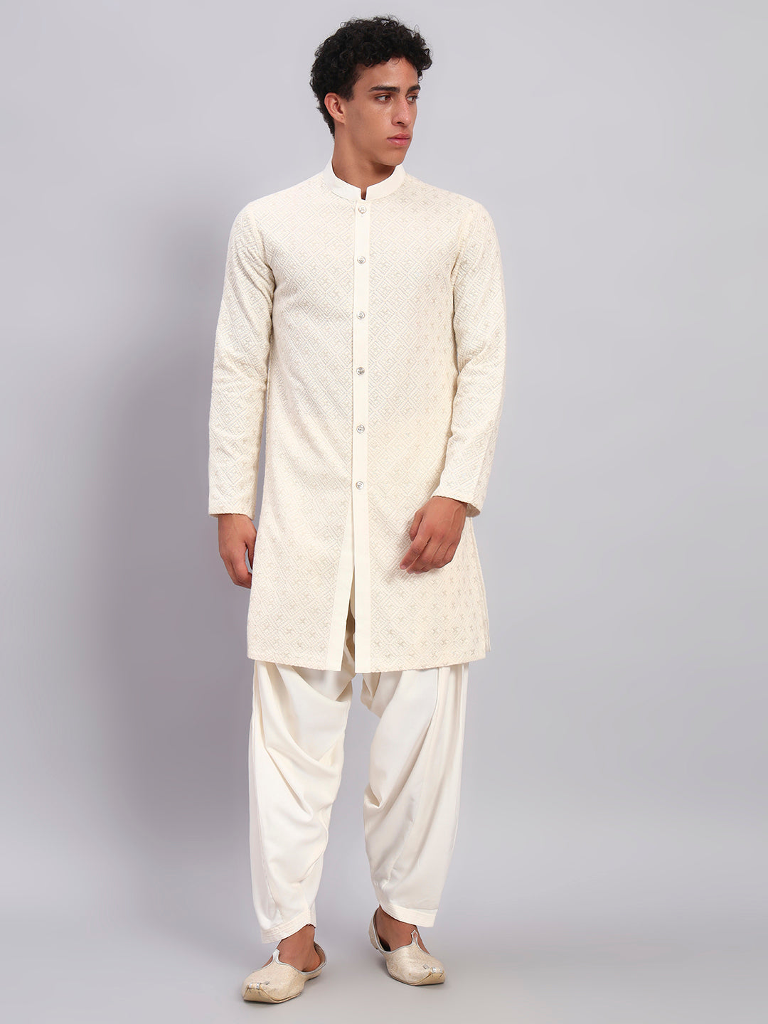 Men Off White Lucknowi Front Open Kurta With Patiala Set