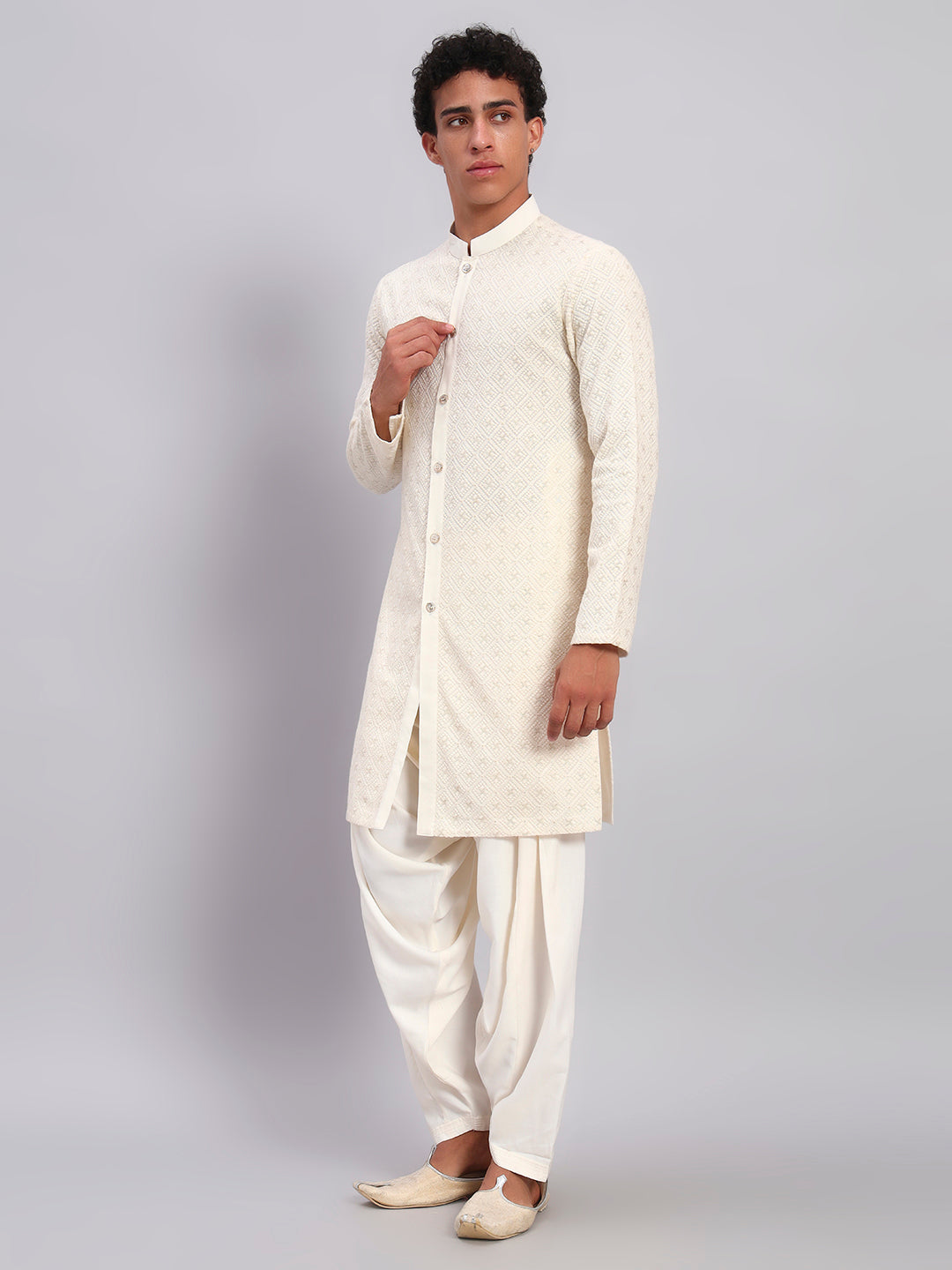 Men Off White Lucknowi Front Open Kurta With Patiala Set
