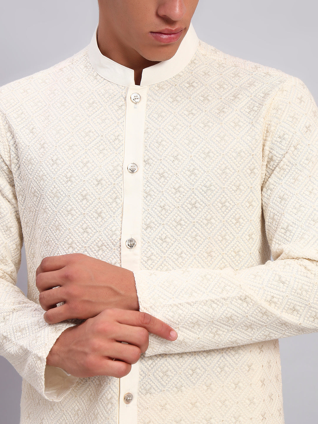 Men Off White Lucknowi Front Open Kurta With Patiala Set