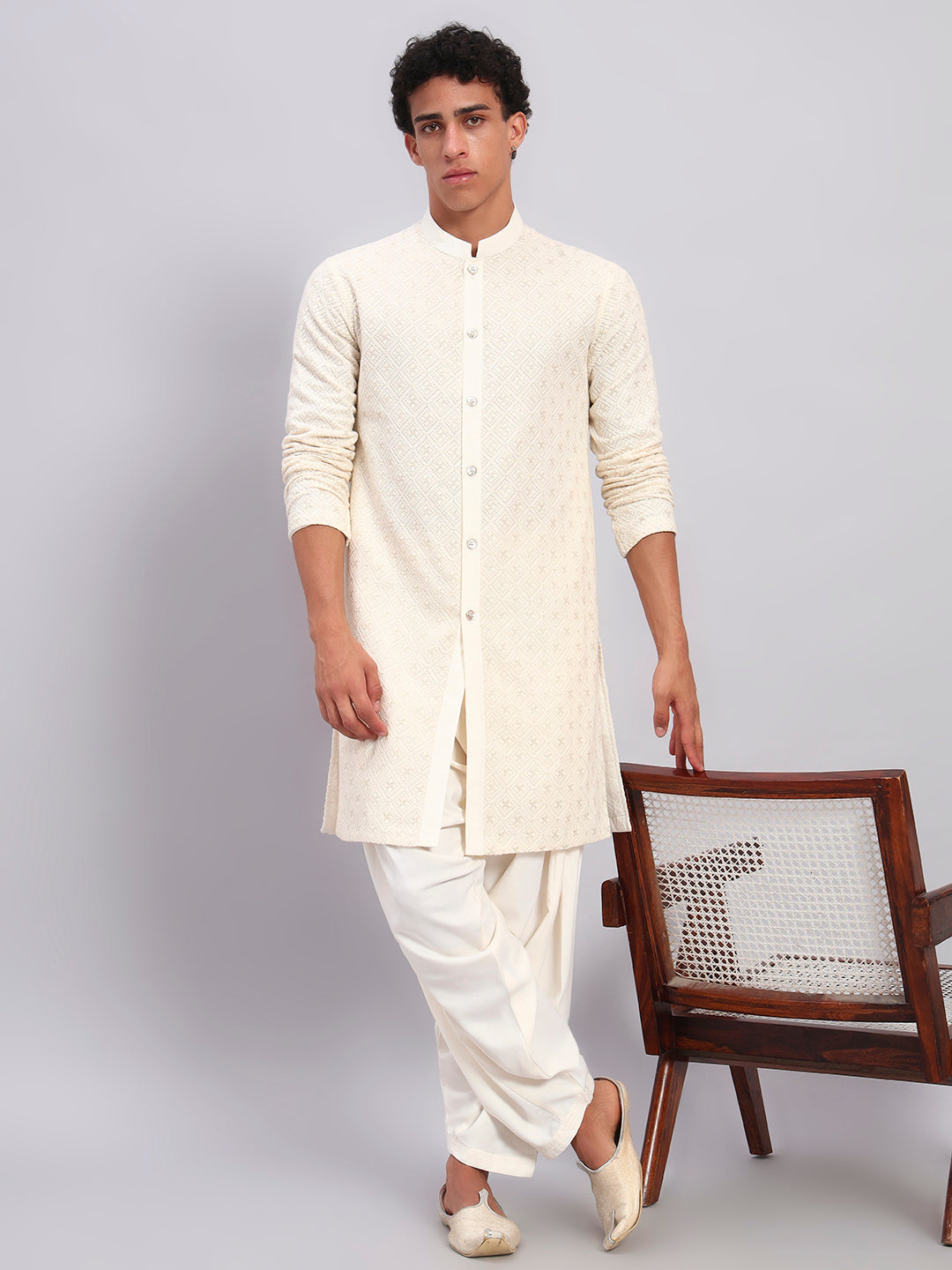 Men Off White Lucknowi Front Open Kurta With Patiala Set