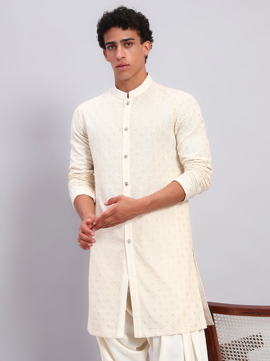 Men Off White Lucknowi Front Open Kurta With Patiala Set