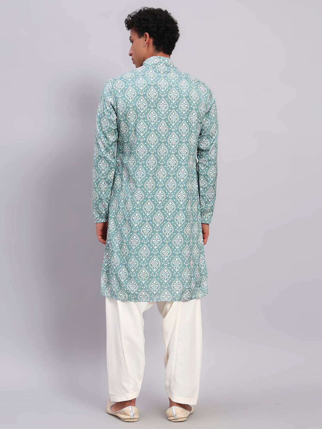 Men Sea Green Print Lucknowi Kurta With Patiala Set