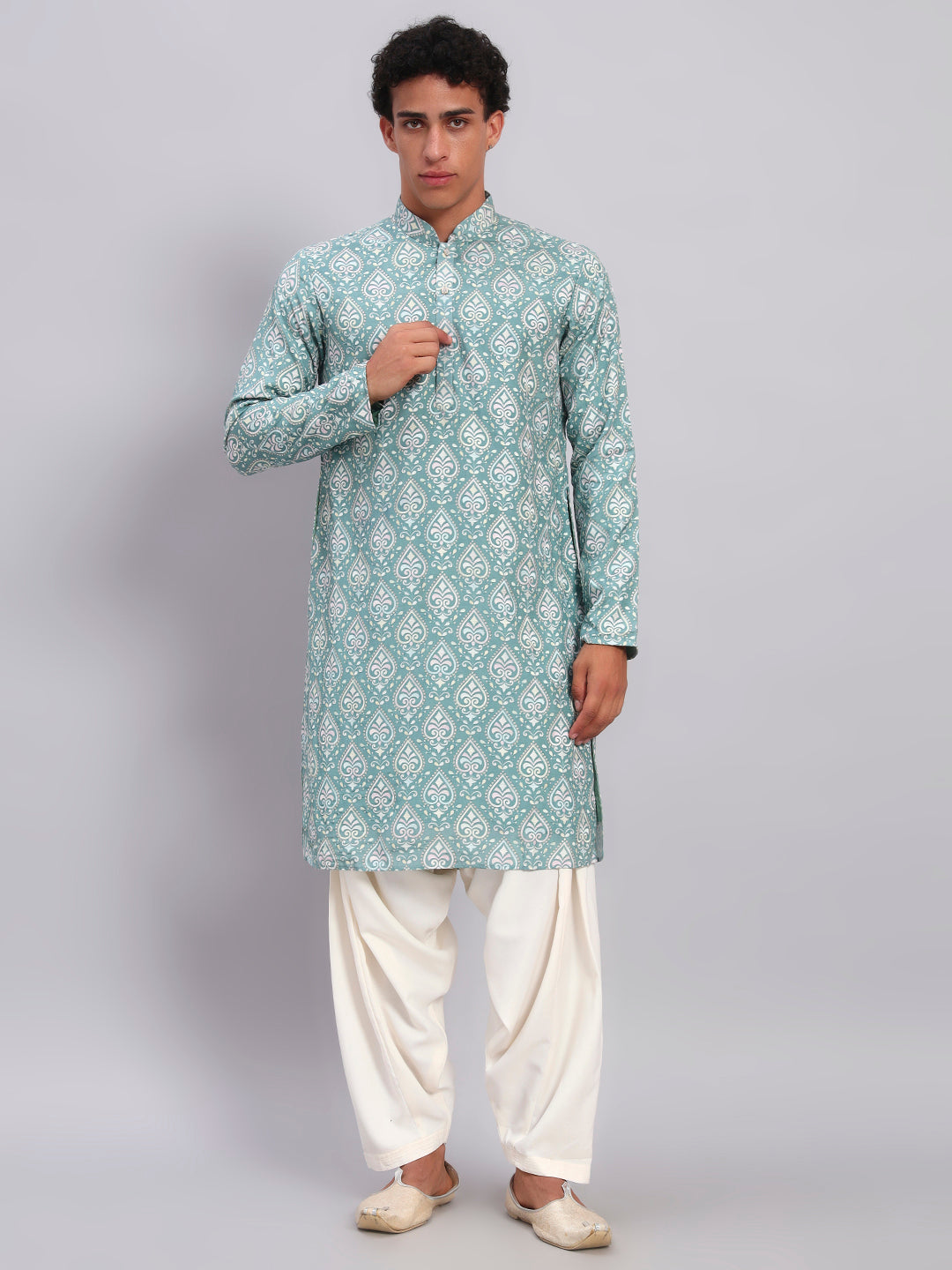 Men Sea Green Print Lucknowi Kurta With Patiala Set
