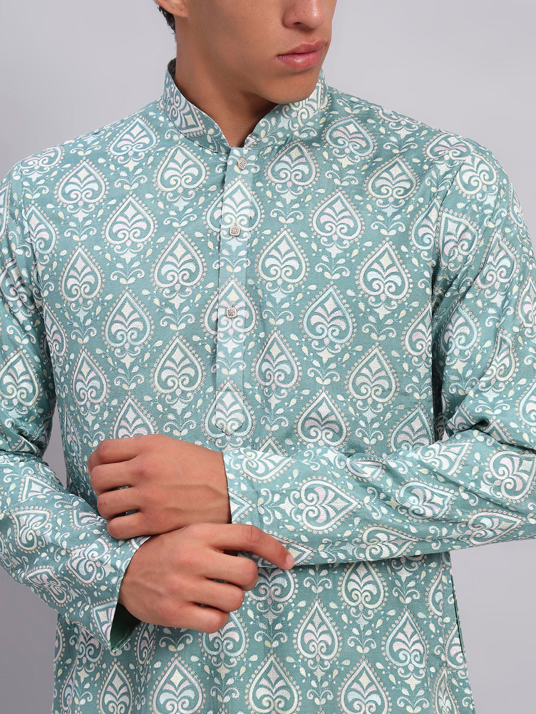 Men Sea Green Print Lucknowi Kurta With Patiala Set
