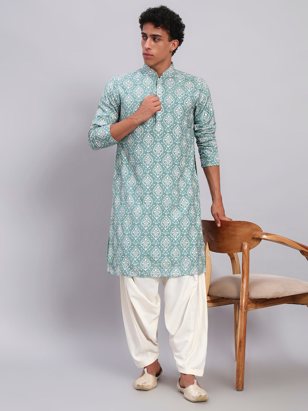 Men Sea Green Print Lucknowi Kurta With Patiala Set