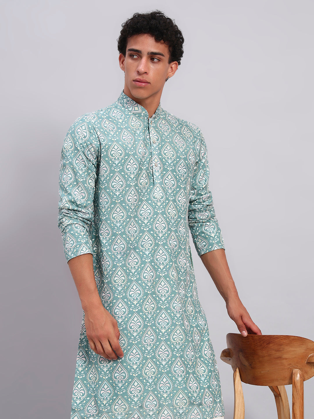 Men Sea Green Print Lucknowi Kurta With Patiala Set