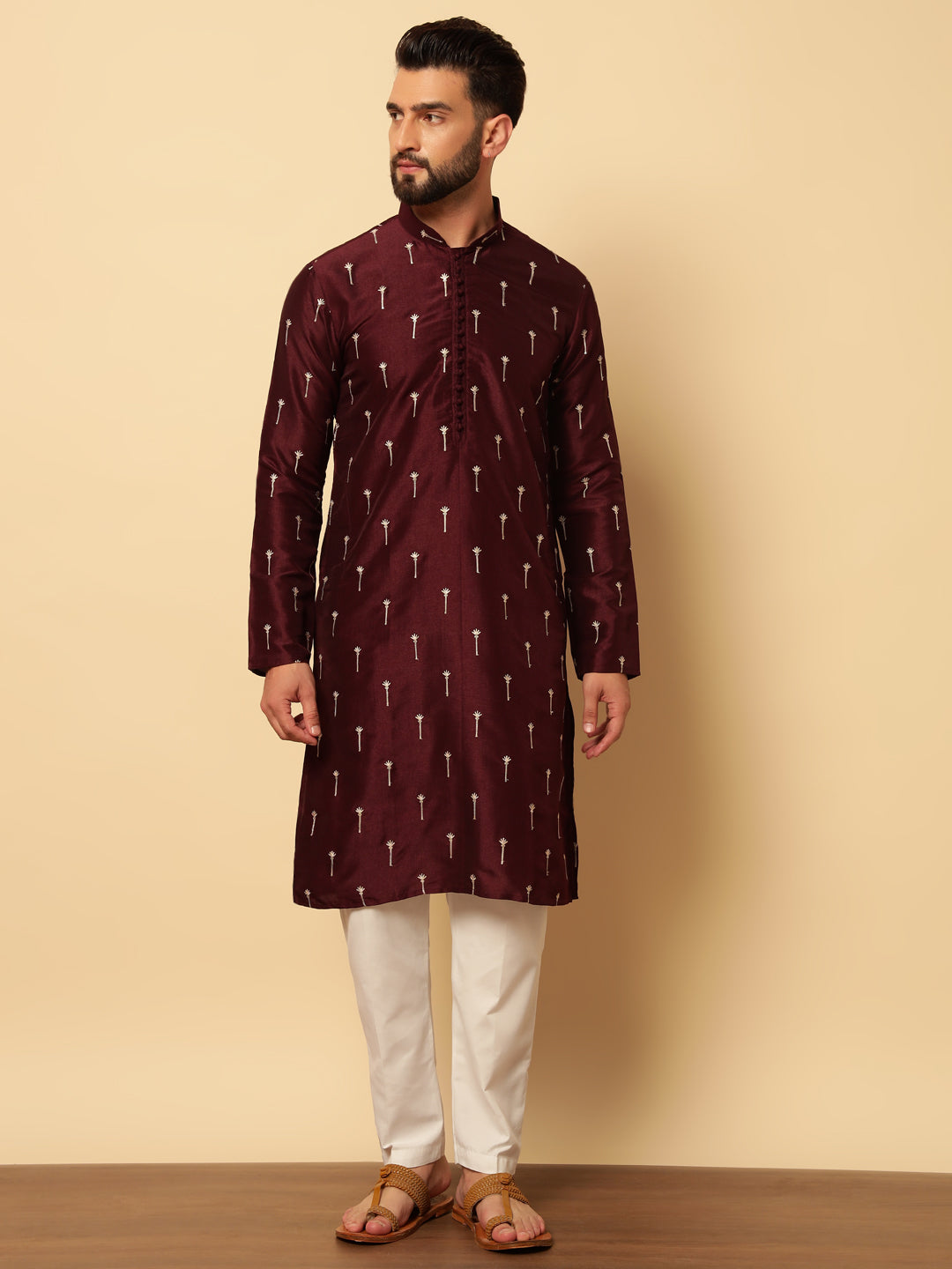 Magnet Men's Maroon Embroidered Kurta Trouser Set