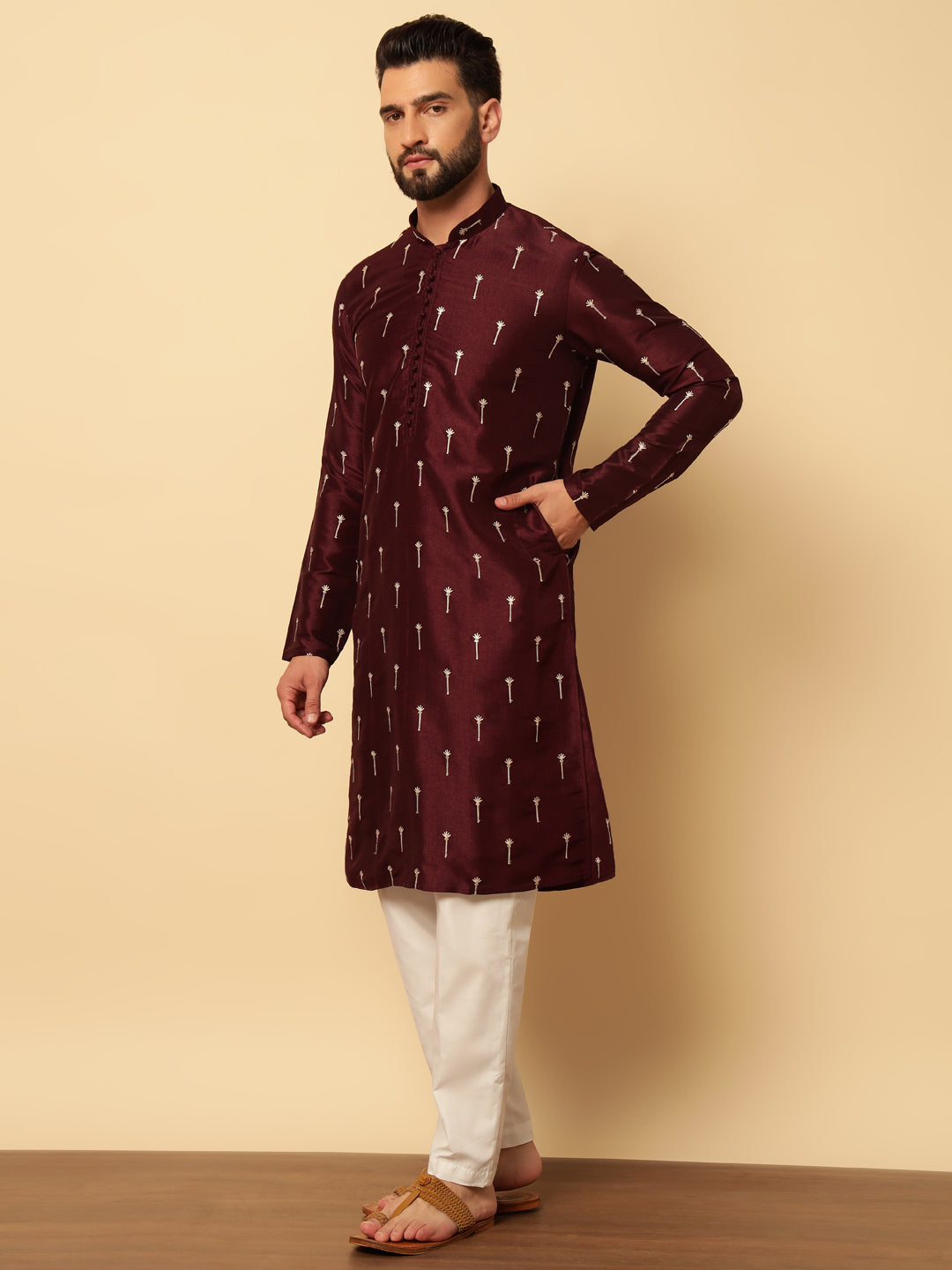 Magnet Men's Maroon Embroidered Kurta Trouser Set