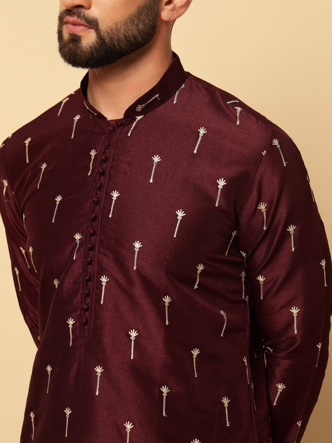 Magnet Men's Maroon Embroidered Kurta Trouser Set