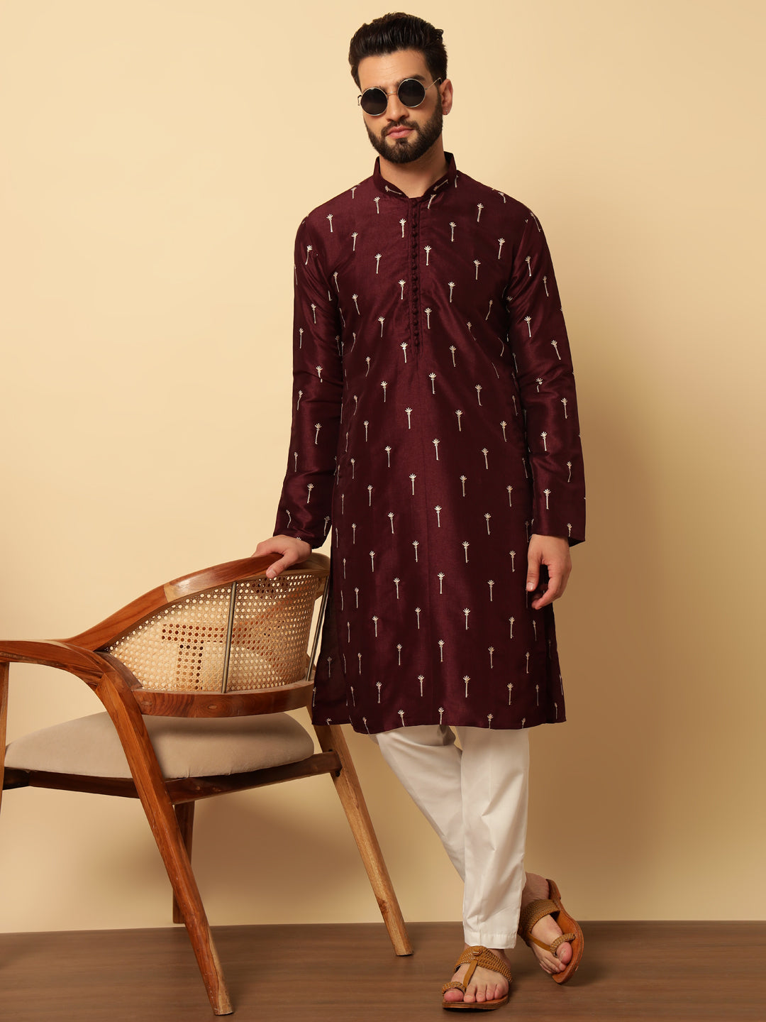 Magnet Men's Maroon Embroidered Kurta Trouser Set