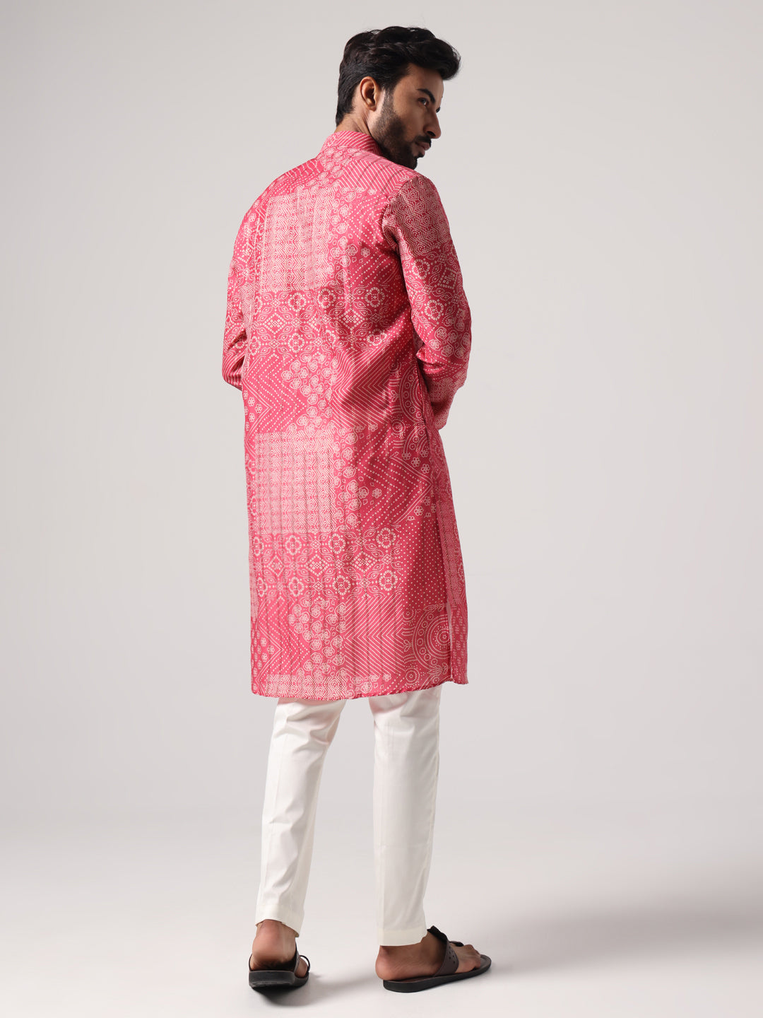 Men Pink Bandej Print Self Design Kurta Trouser Set
