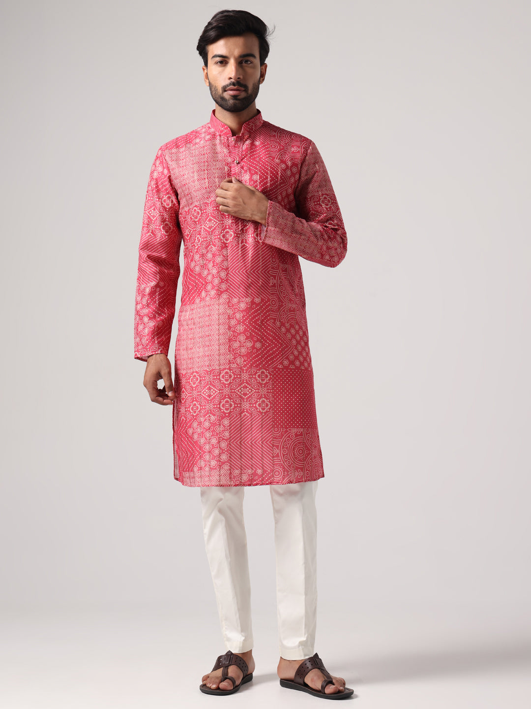 Men Pink Bandej Print Self Design Kurta Trouser Set