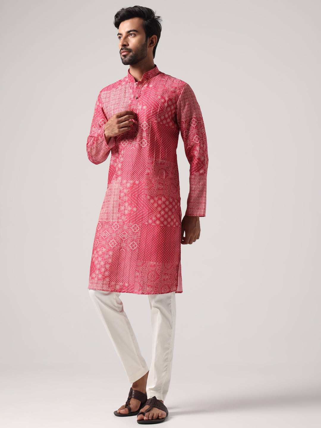 Men Pink Bandej Print Self Design Kurta Trouser Set