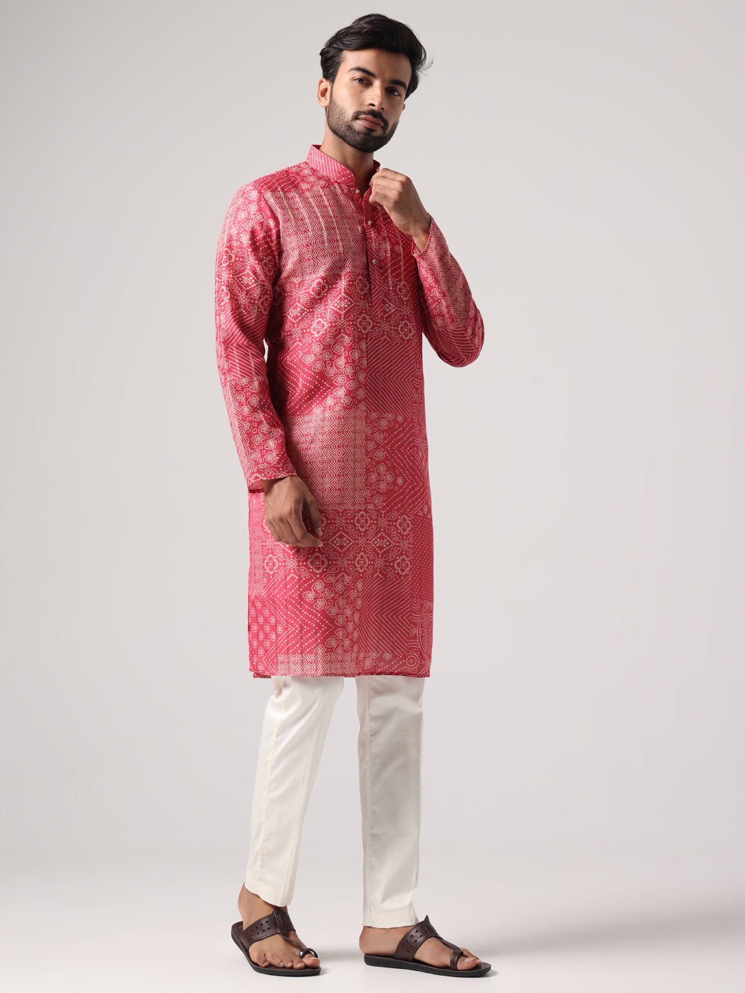 Men Pink Bandej Print Self Design Kurta Trouser Set