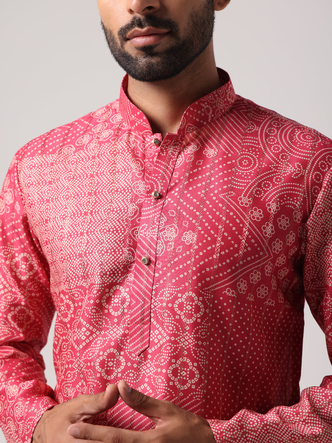 Men Pink Bandej Print Self Design Kurta Trouser Set