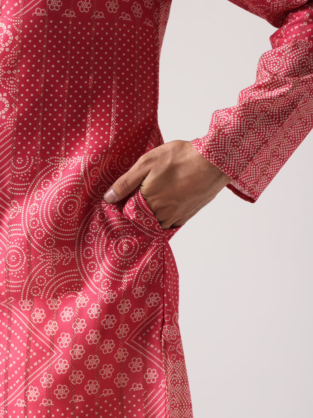 Men Pink Bandej Print Self Design Kurta Trouser Set