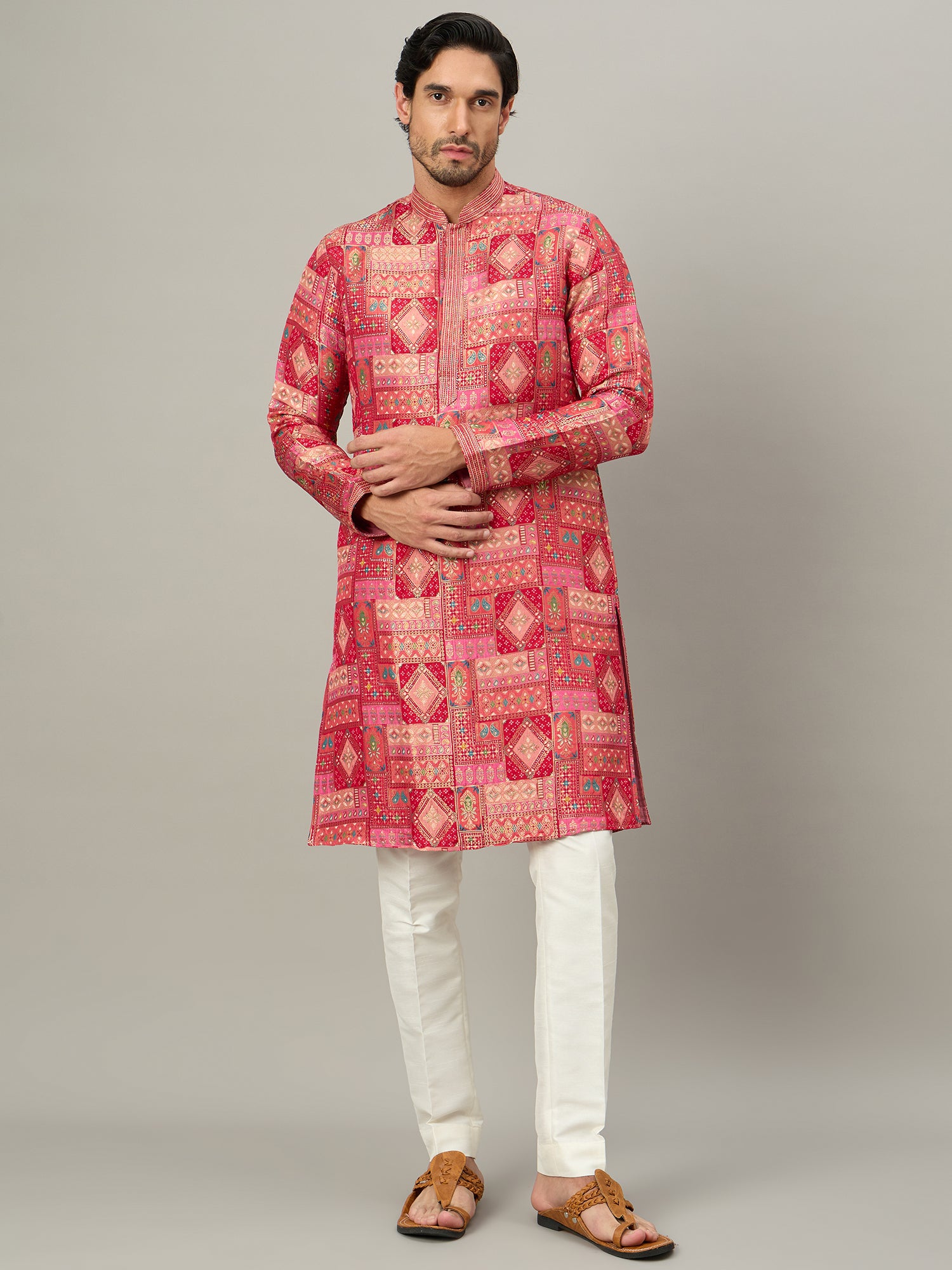 Red Brocket Silk Kurta Set