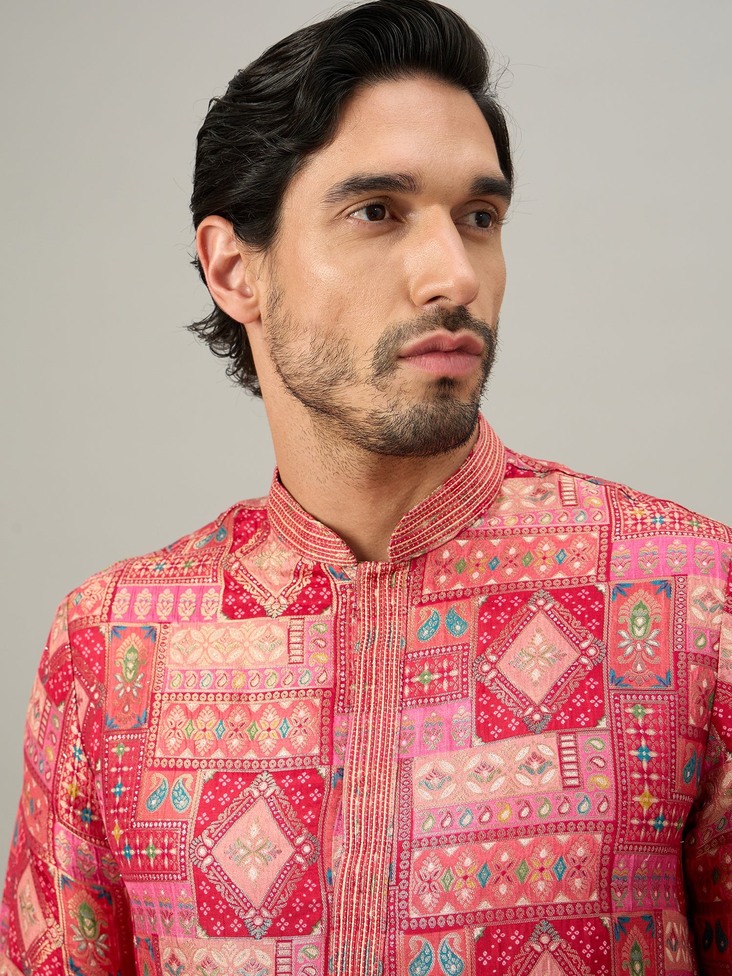 Red Brocket Silk Kurta Set