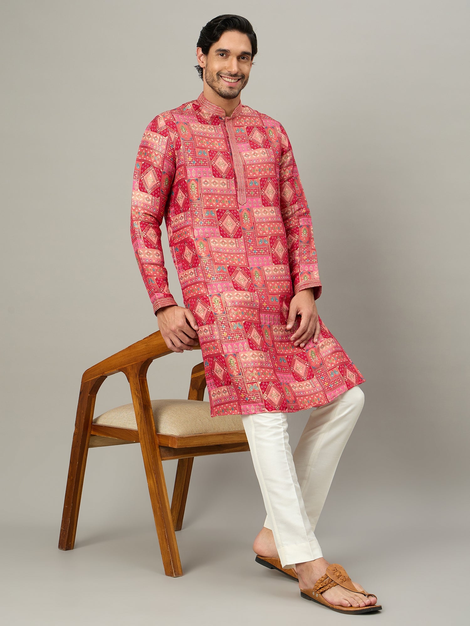 Red Brocket Silk Kurta Set