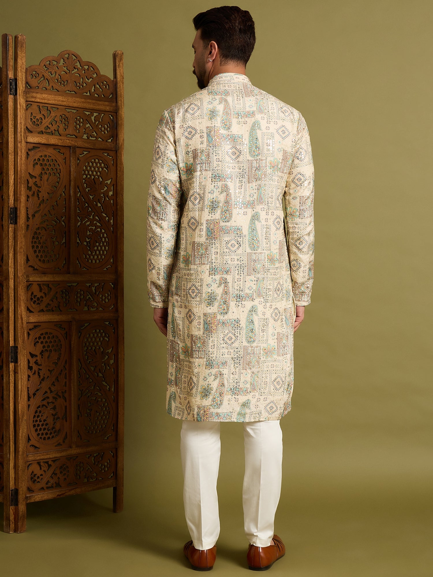 Off White Lucknowi Printed Kurta Trouser Set