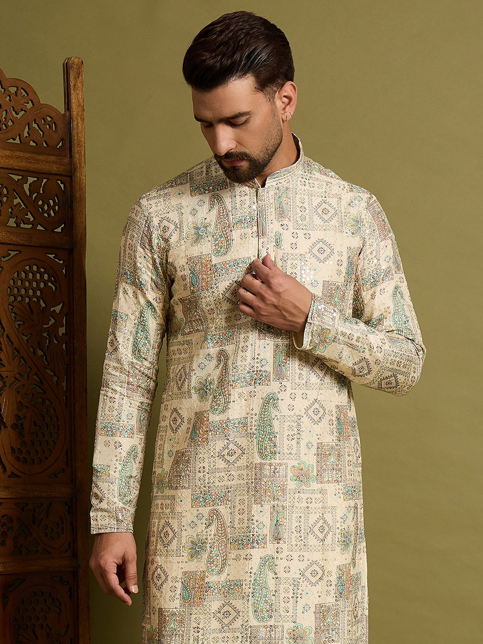 Off White Lucknowi Printed Kurta Trouser Set