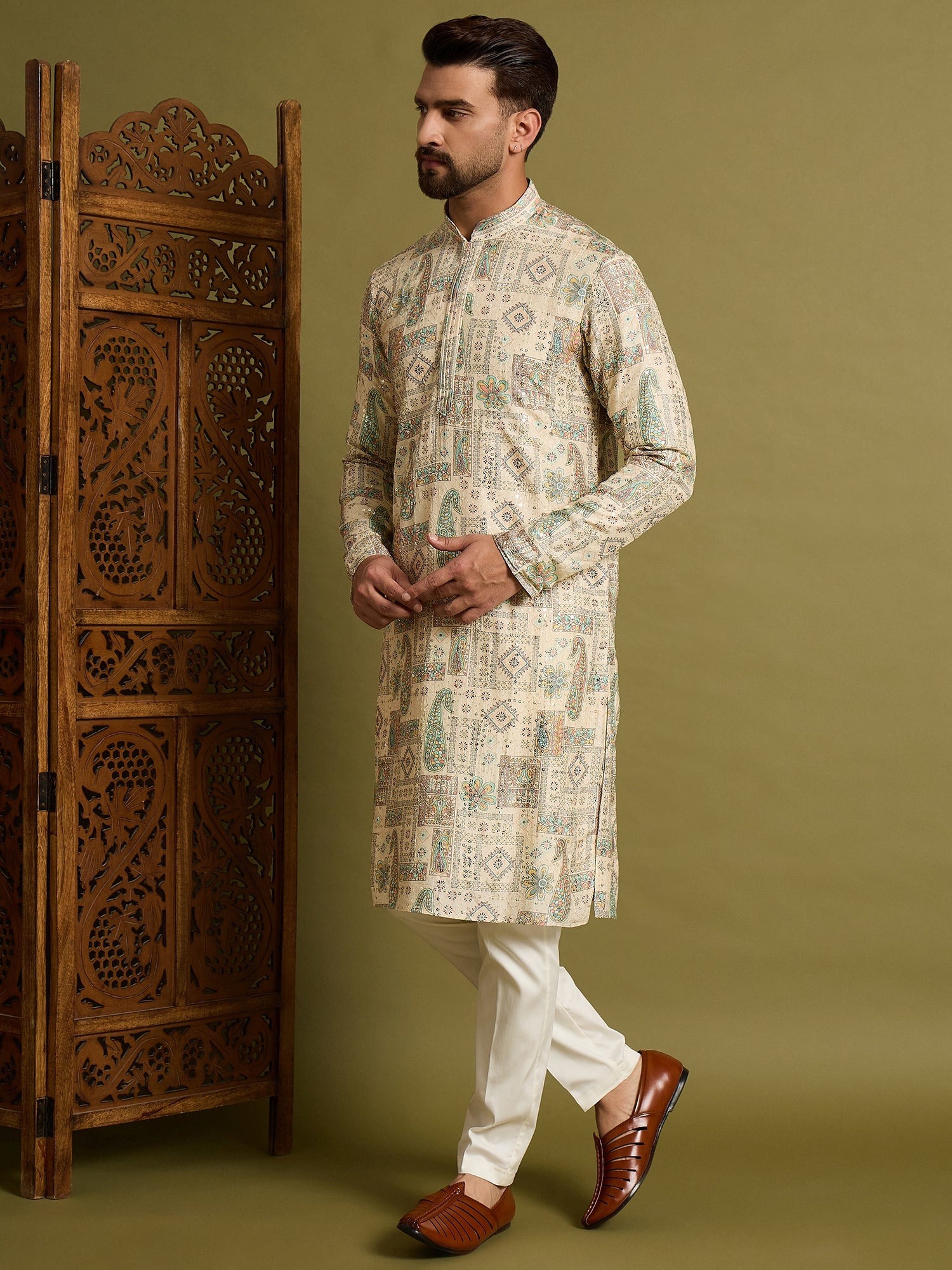 Off White Lucknowi Printed Kurta Trouser Set