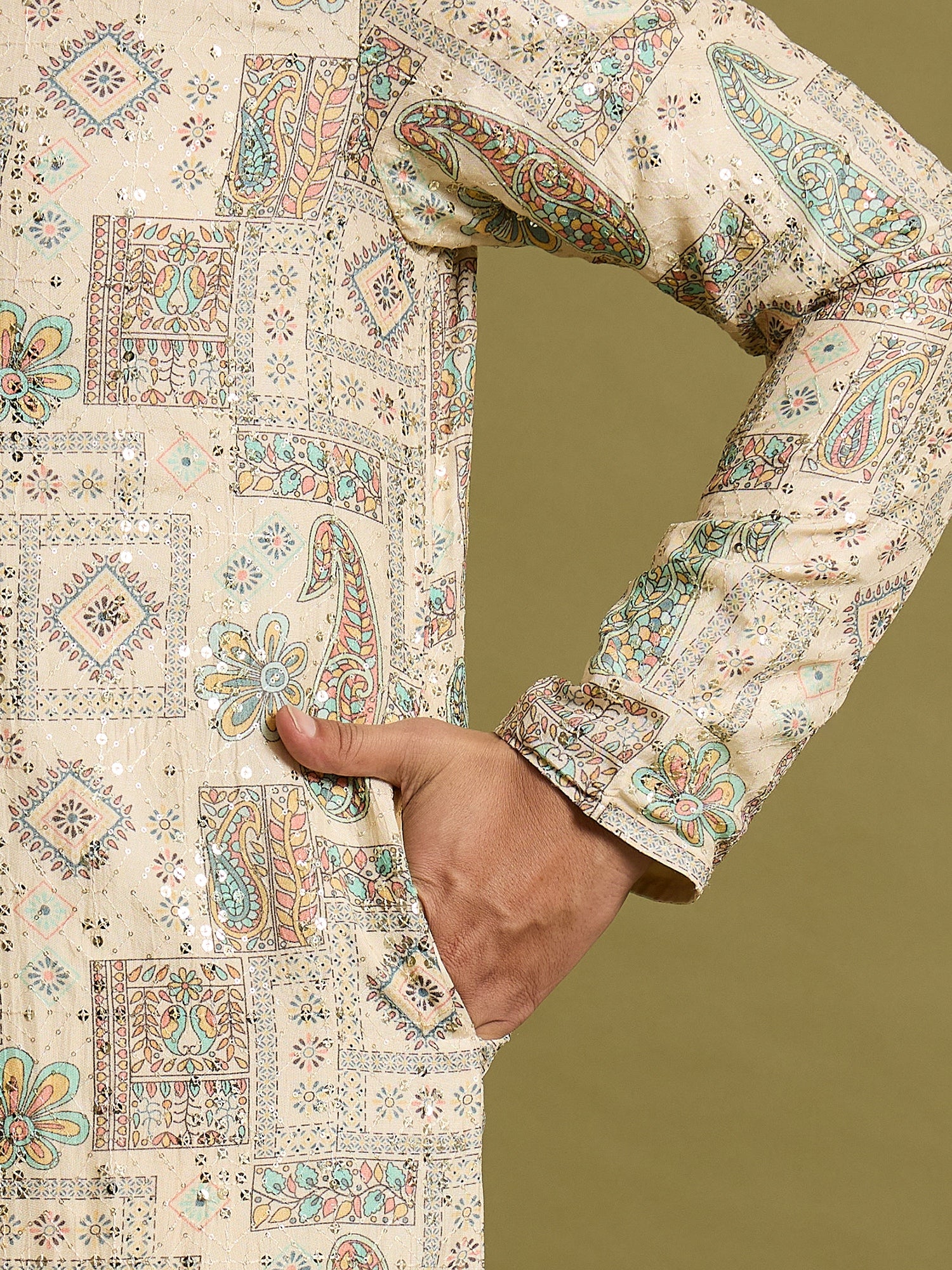 Off White Lucknowi Printed Kurta Trouser Set